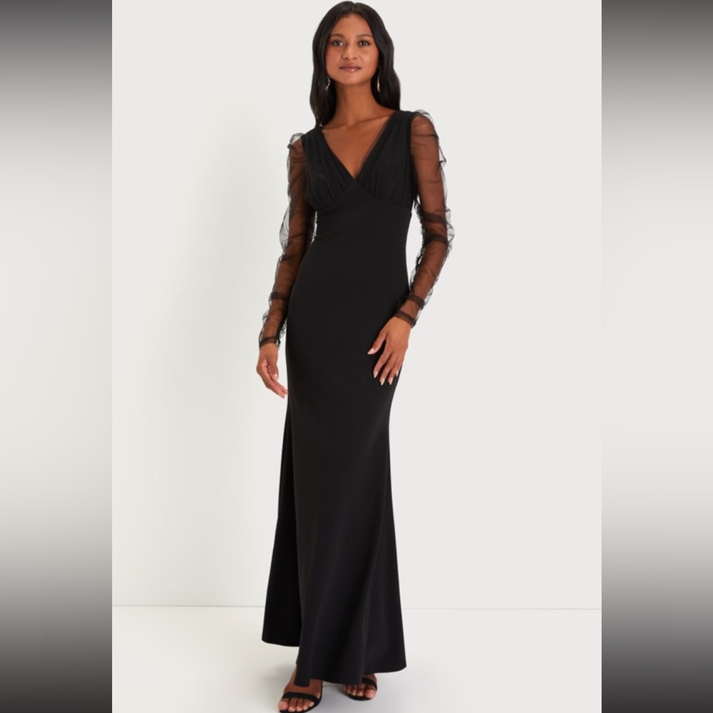 Red Carpet Energy Black Tulle Long Sleeve Mermaid Maxi Dress